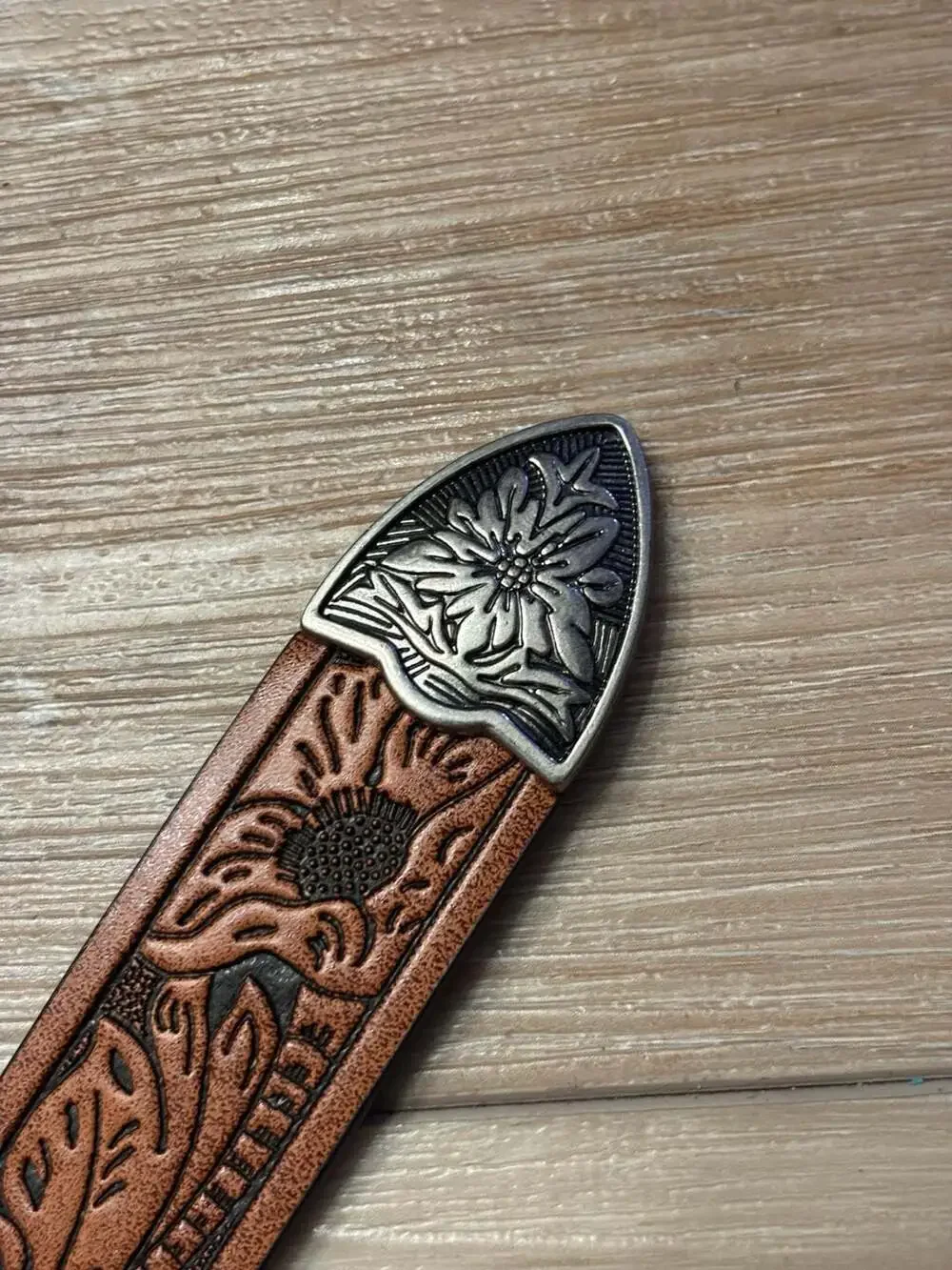 Western Floral Carved Brown Leather Belt with Longhorn Design and Metal Buckle S